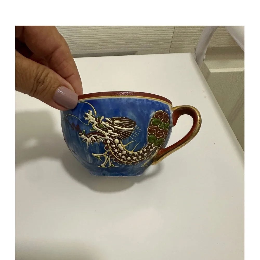 Vintage Dragon Ware‎ Tea Cup Saucer Set Blue Moriage Japanese Porcelain Good